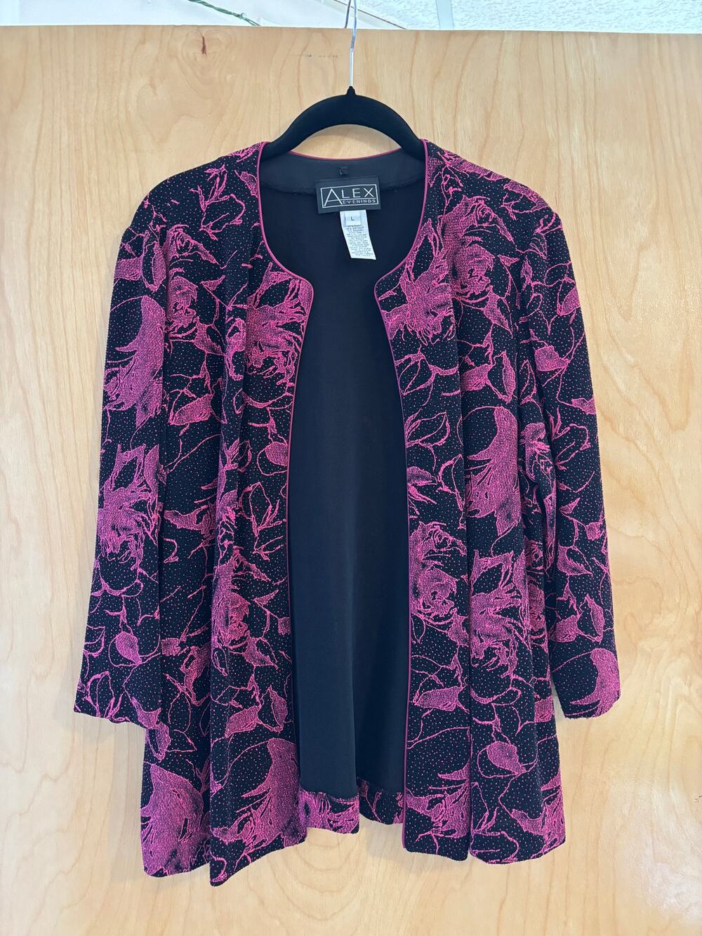 Alex Evenings Open Front Jacket Black Pink Metallic Floral Size L